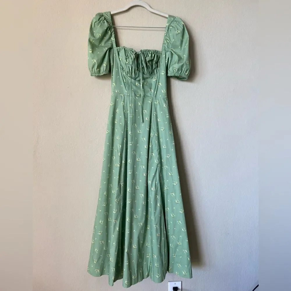 House of Cb Tallulah Olive Midi Green Dress Floral Puff Sleeve Size XS - Picture 11 of 14